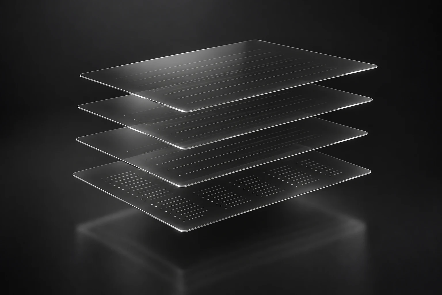 Four suspended optical glass planes representing the layers of a commitment